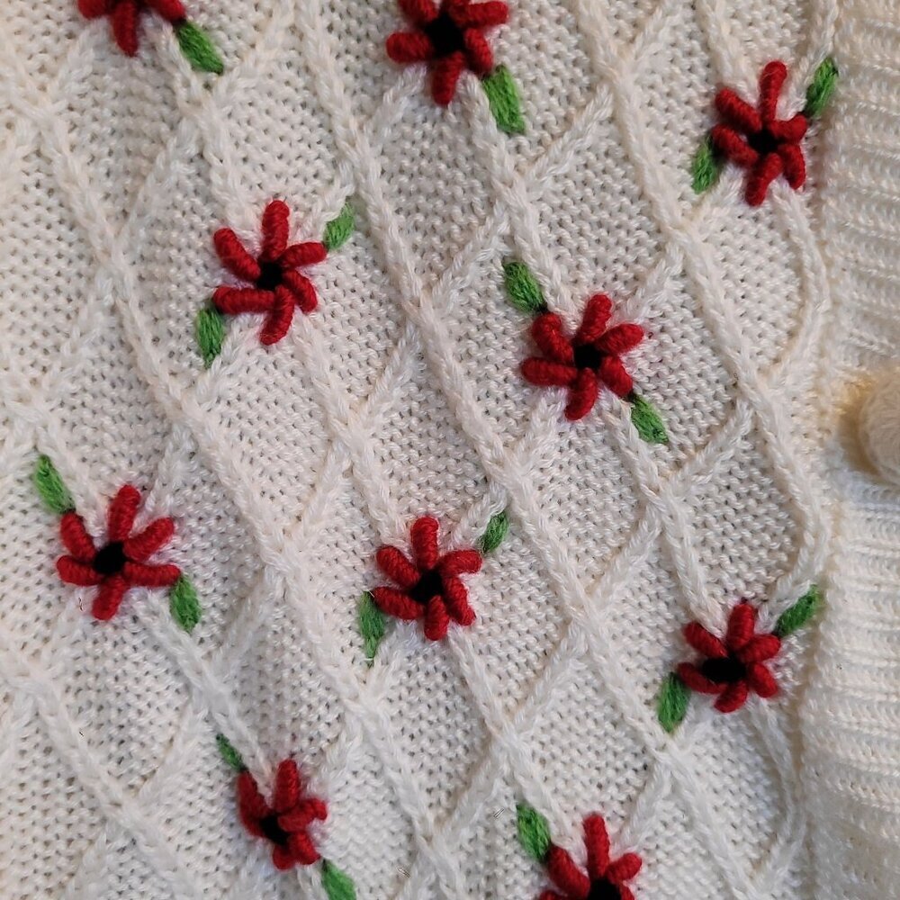 Vintage Freeway Floral Embroidered Cable Knit Holiday Cardigan White Red L - Picture 2 of 9